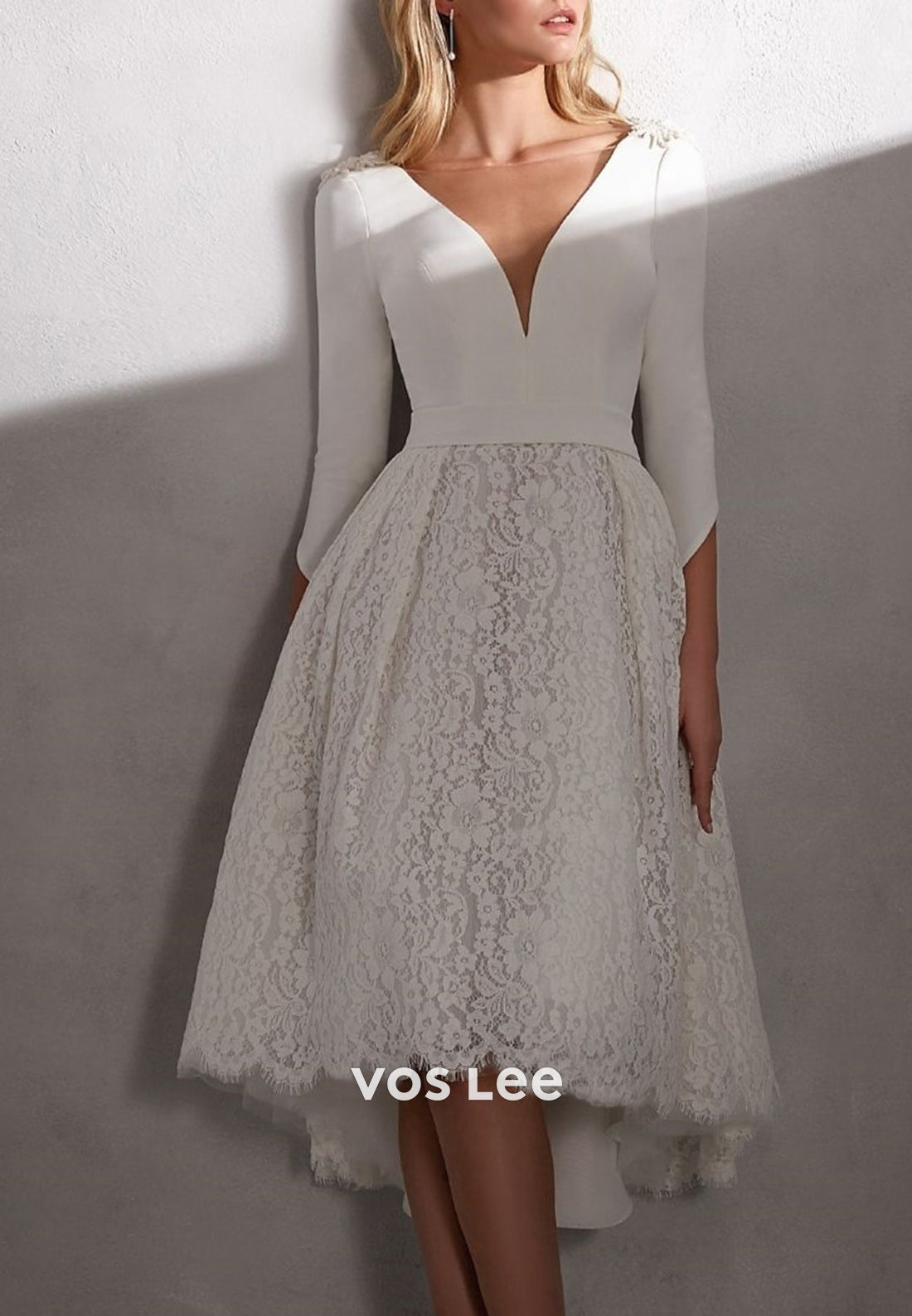A-Line 3/4 Sleeve Plunging V-Neck Appliques Lace Tea-Length Beach Wedding Dresses
