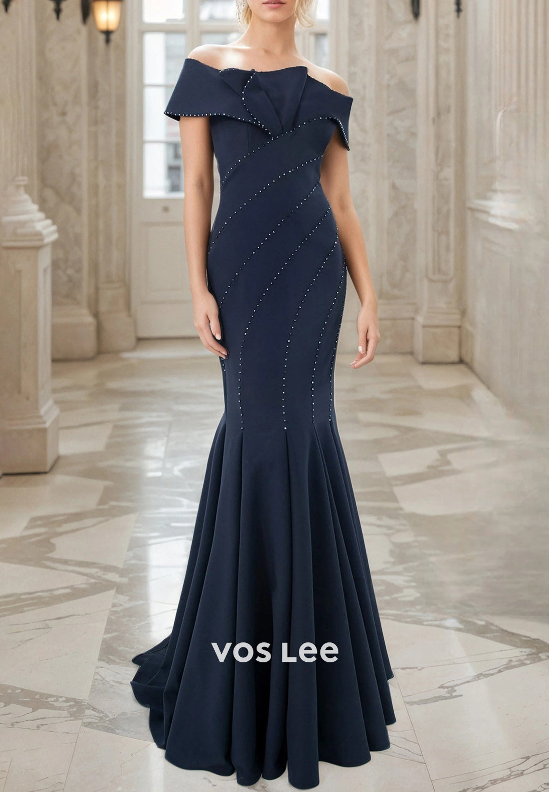 Luxurious Off the Shoulder Pleated Trumpet Mother of Bride Dresses with Sweep Train