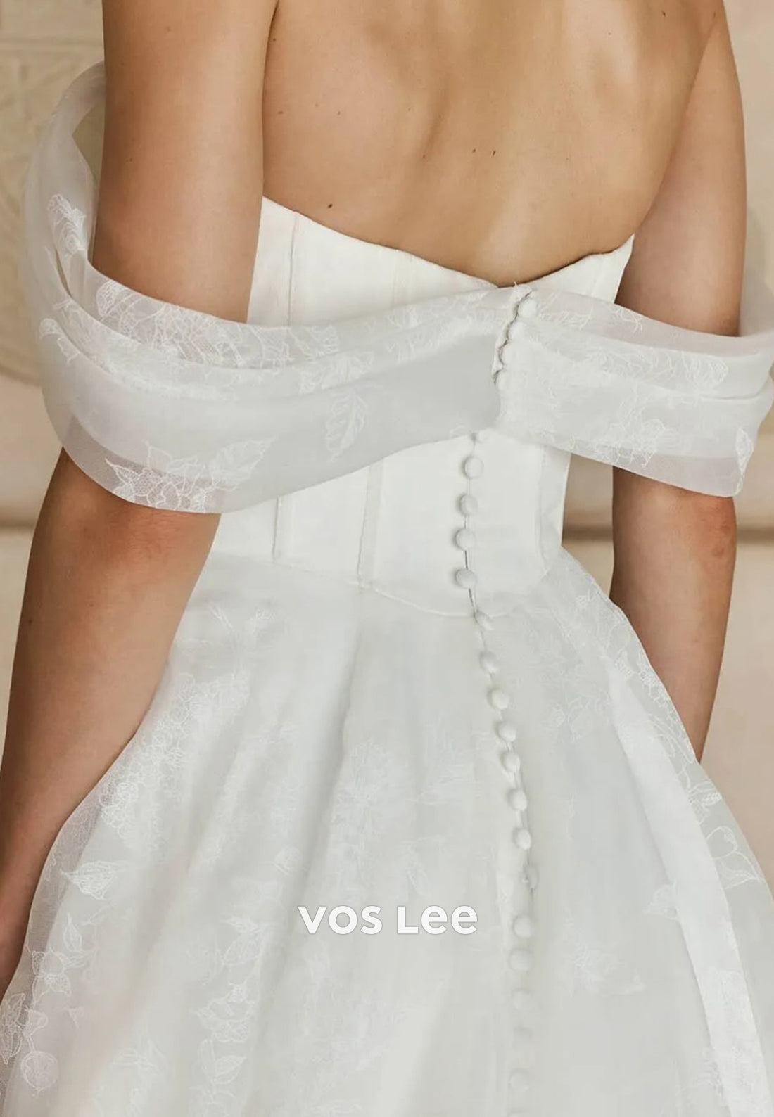 A-Line Off the Shoulder Appliqued Tulle Pleated Wedding Dresses with Chapel Train