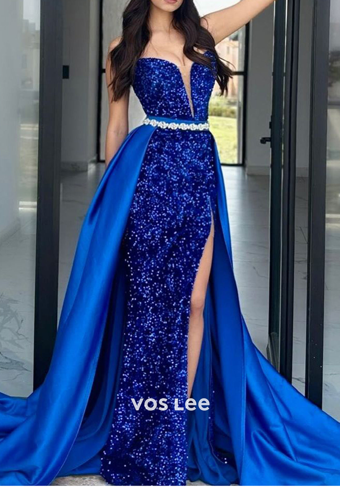 Glitter Royal Blue Couture Sweetheart Mermaid Evening Dresses with Court Train