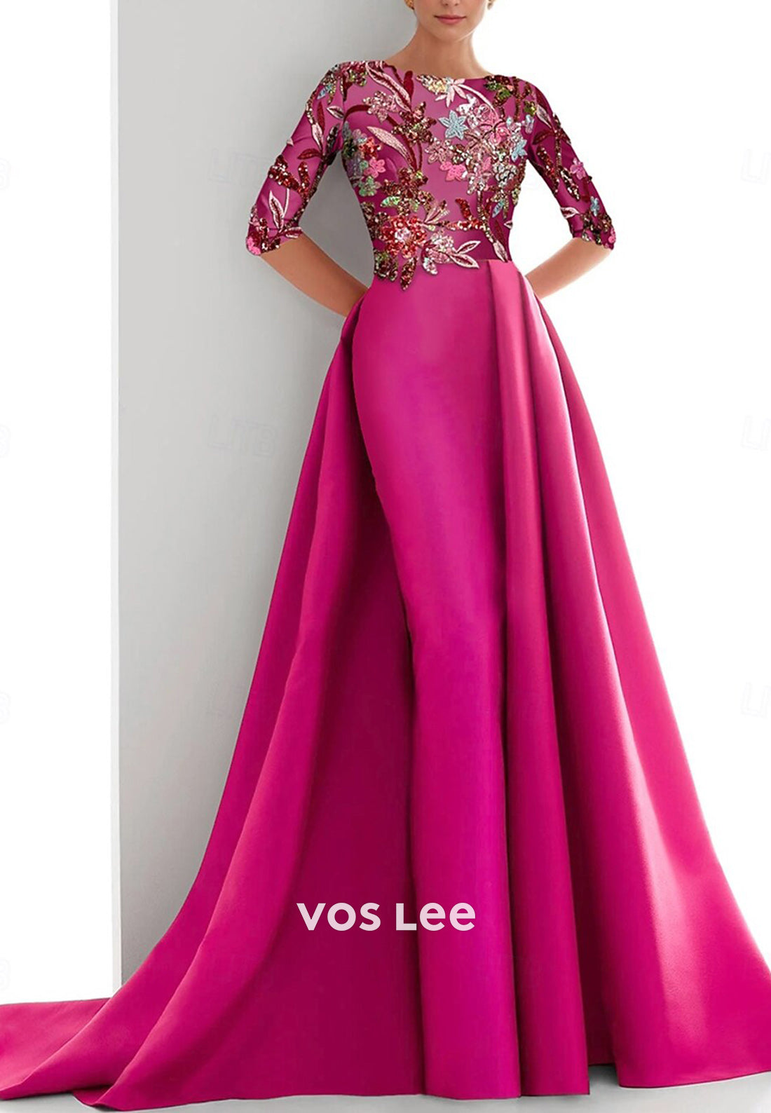 Half Sleeve Scoop Appliqued Pleated Mermaid Mother of Bride Dresses with Sweep Train