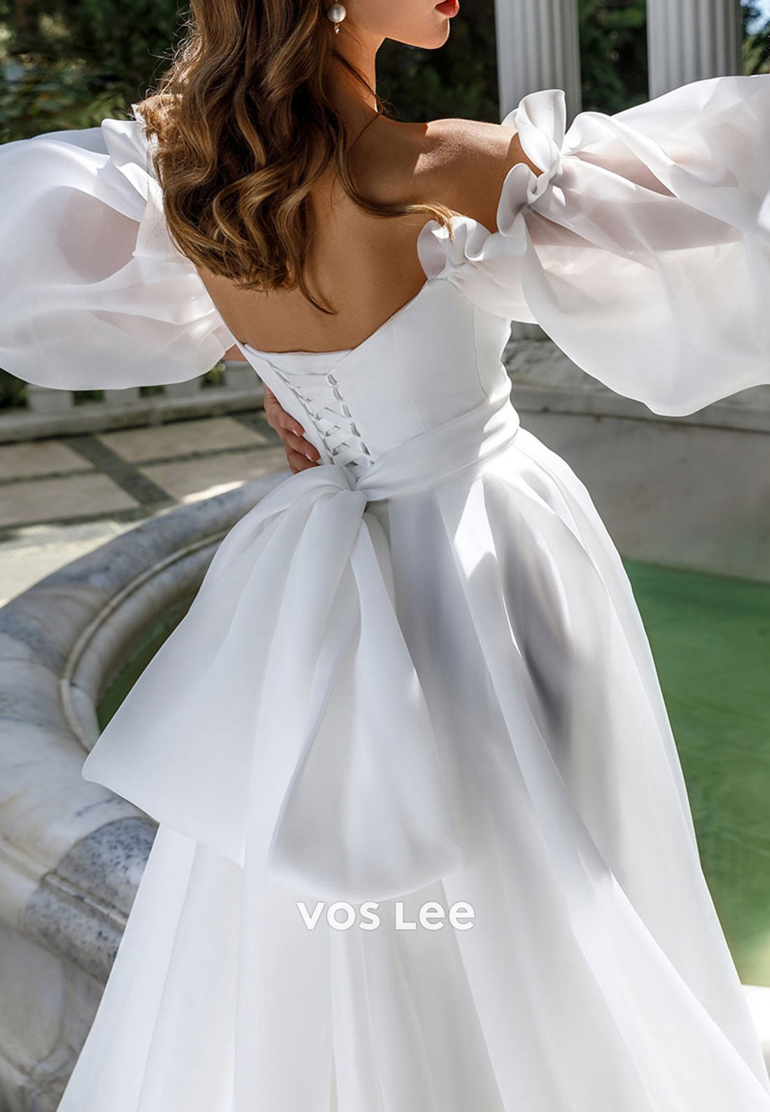 A-Line Short Sleeve Sweetheart Pleated Bowknot Beach Wedding Dresses with High Split