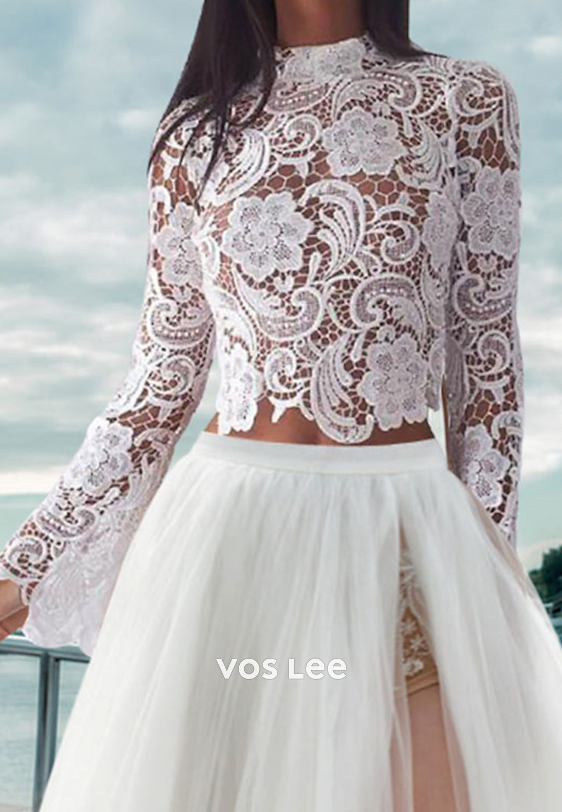 A-Line Long Sleeve High Neck Appliques Lace Beach Wedding Dresses with High Split