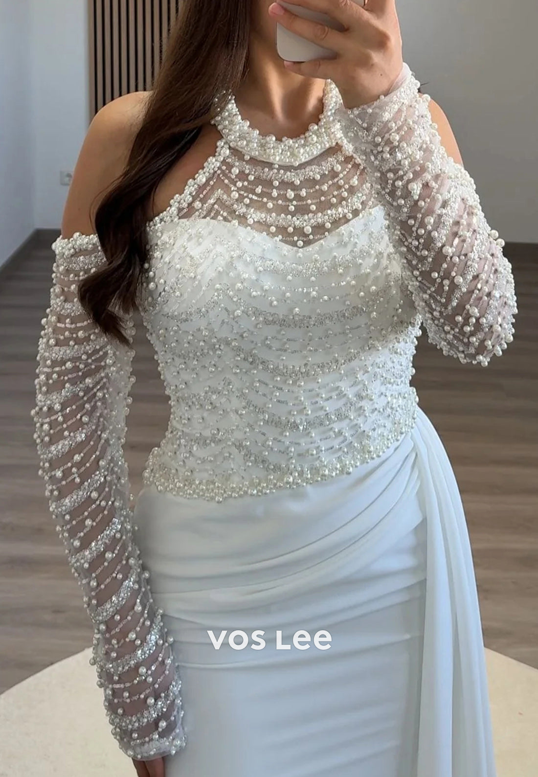 Glamorous Long Sleeve Halter Pearls Ruched Mermaid Evening Dresses with Sweep Train