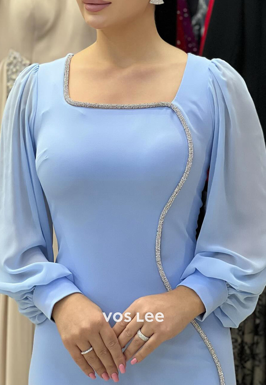 Long Sleeve Square Ankle-Length Mermaid Evening Dresses with Side Split