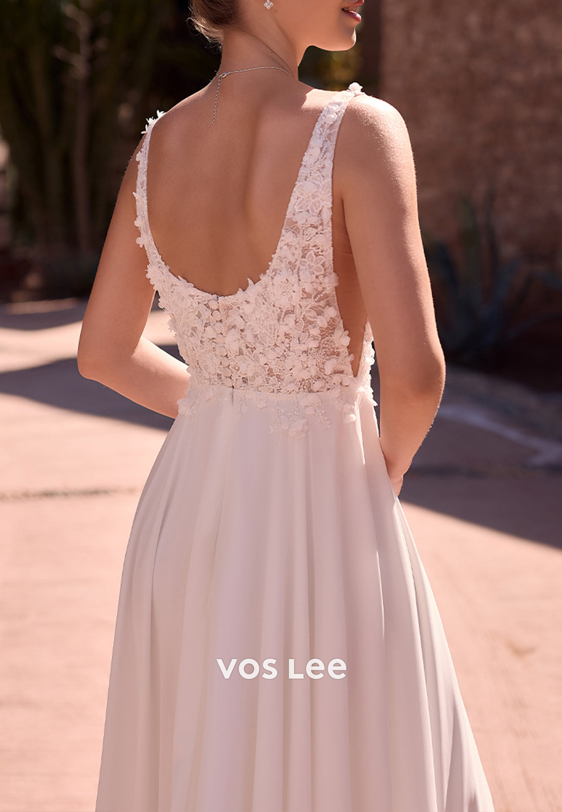 A-Line Spaghetti Straps Square Appliques Lace Pleated Wedding Dresses with High Split