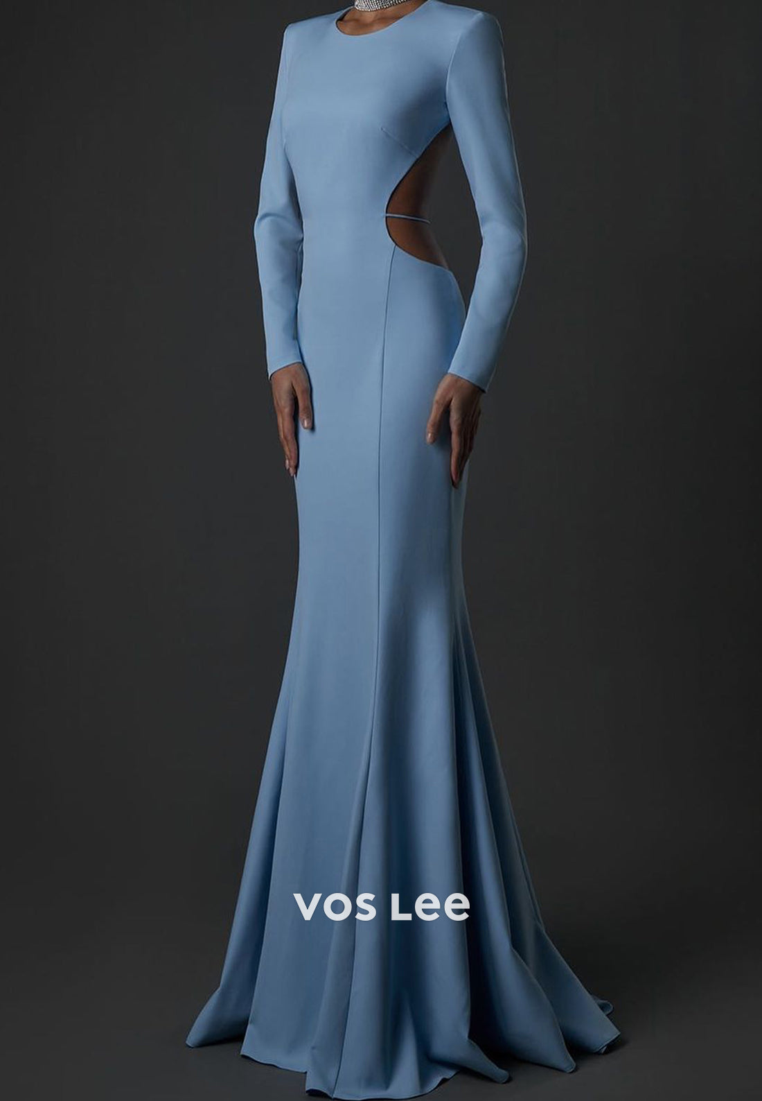 Long Sleeve Scoop Rhinestone Pleated Mermaid Evening Dresses with Sweep Train