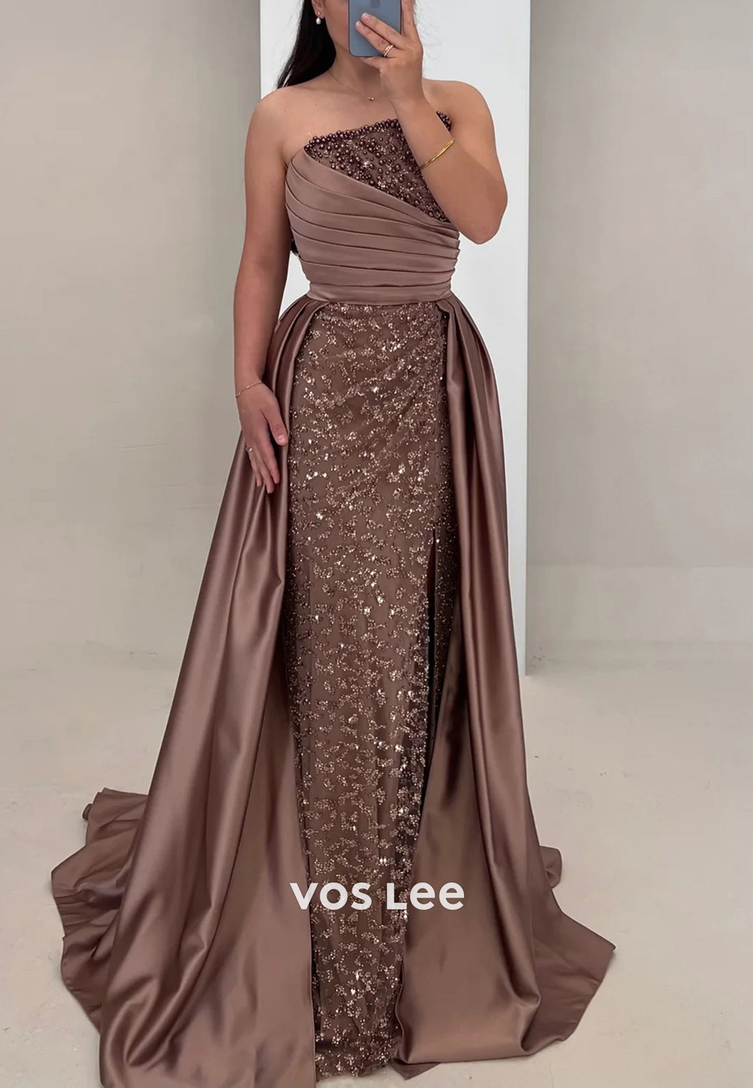 Simple Strapless Fully Beaded Sequins Pleated Mermaid Evening Dresses with Court Train