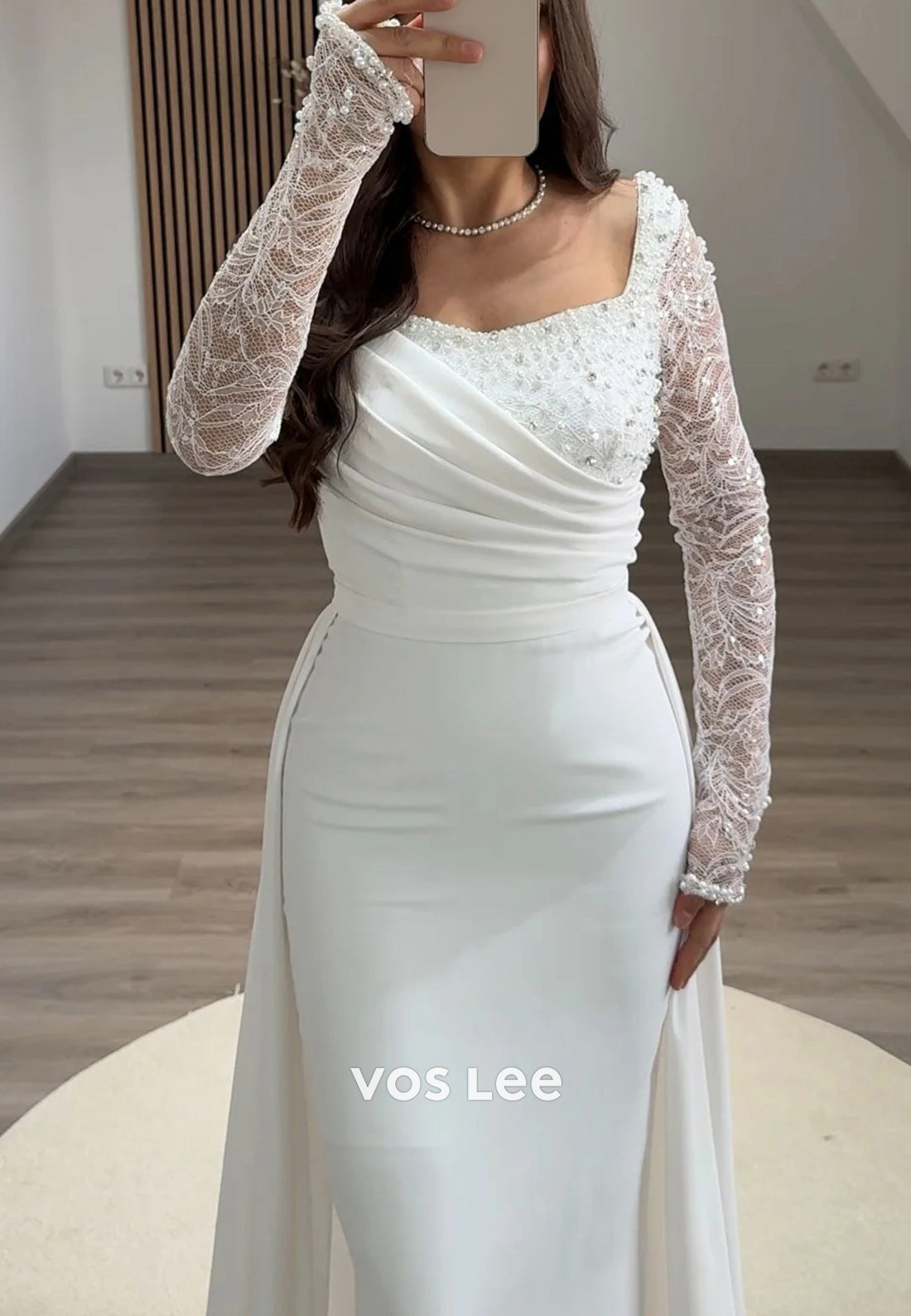 Long Sleeve Lace Rhinestone Square Pleated Mermaid Evening Dresses with Court Train