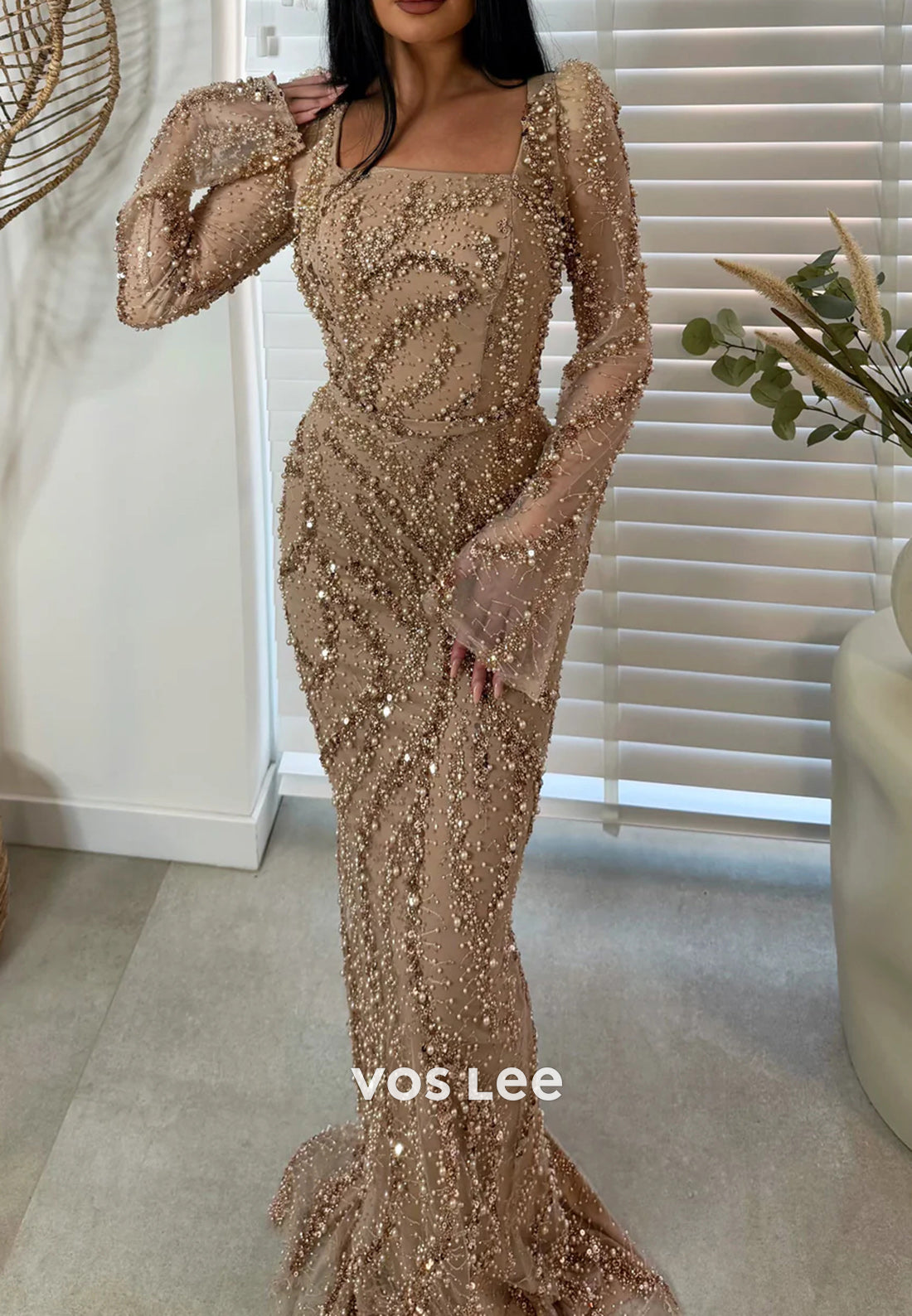 Glamorous & Dramatic Bell Sleeves Square Mermaid Evening Dresses with Sweep Train