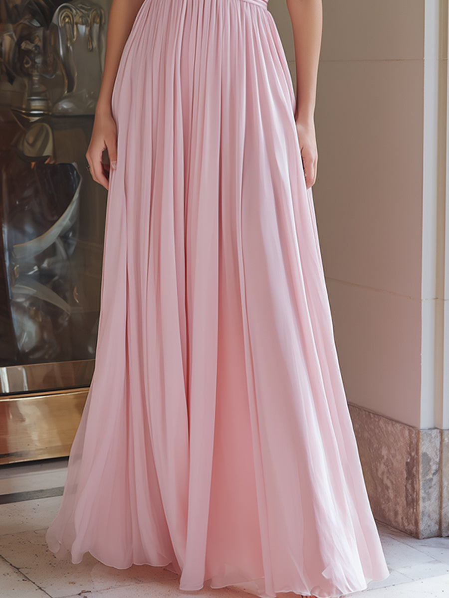Blush Pink Halter Plunge Pleated Chiffon Maxi Dress