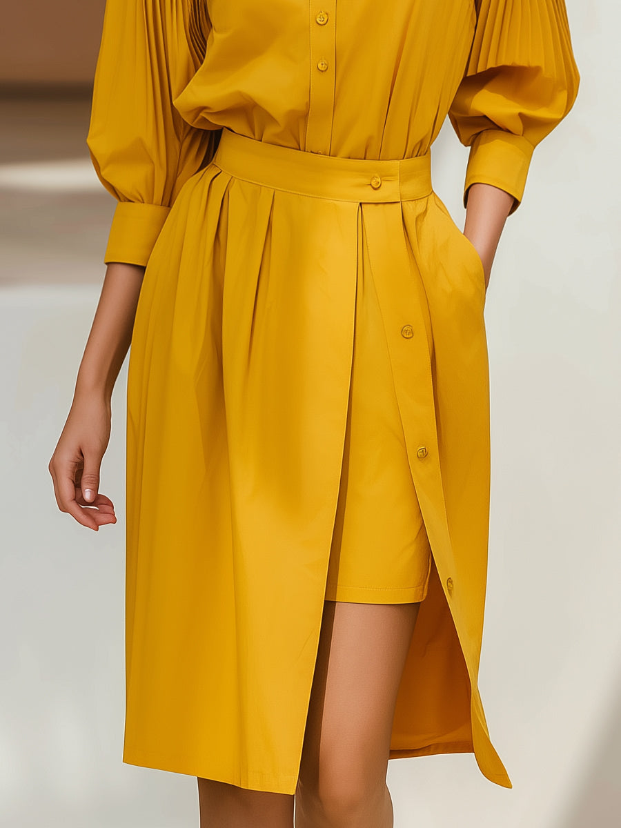 Faux-Two-Piece Skirt Pleated Sleeves Shirt Dress