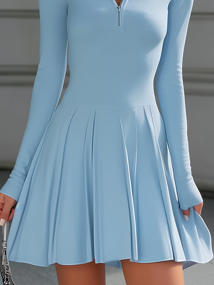 Women’s Light Blue Long Sleeve Pleated Skater Dress