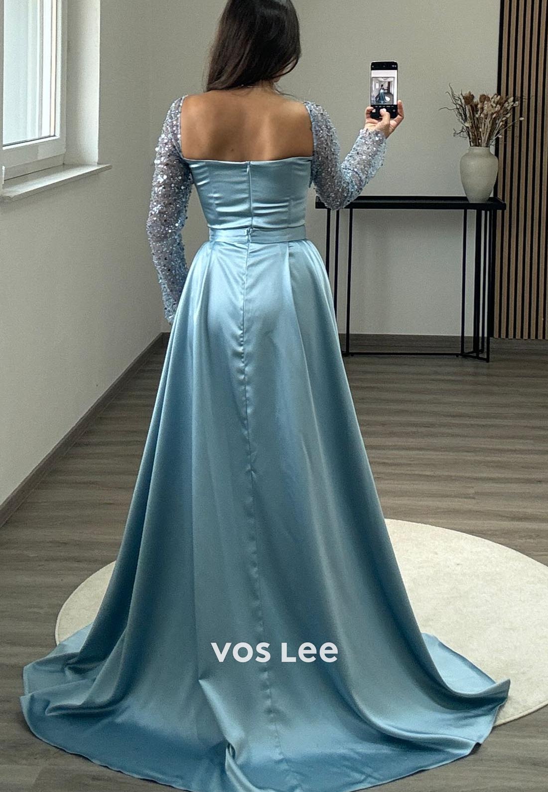 Long Sleeves Sequined Mermaid Formal Dresses with Detachable Train
