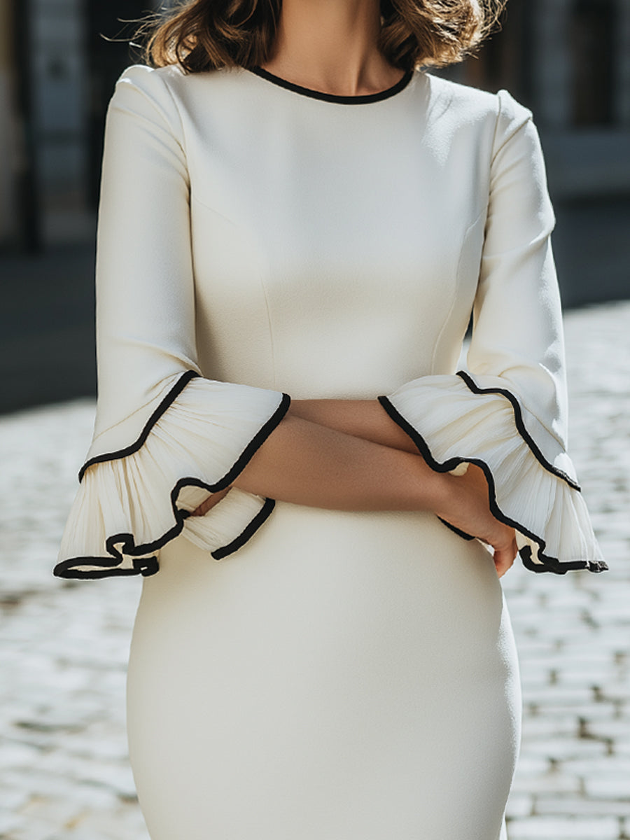 Ivory Ruffle-Trim Dress With Black Piping