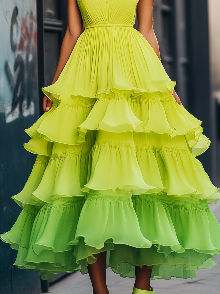 Tiered Ruffle Neon Green Midi Dress Wedding Guest Dresses