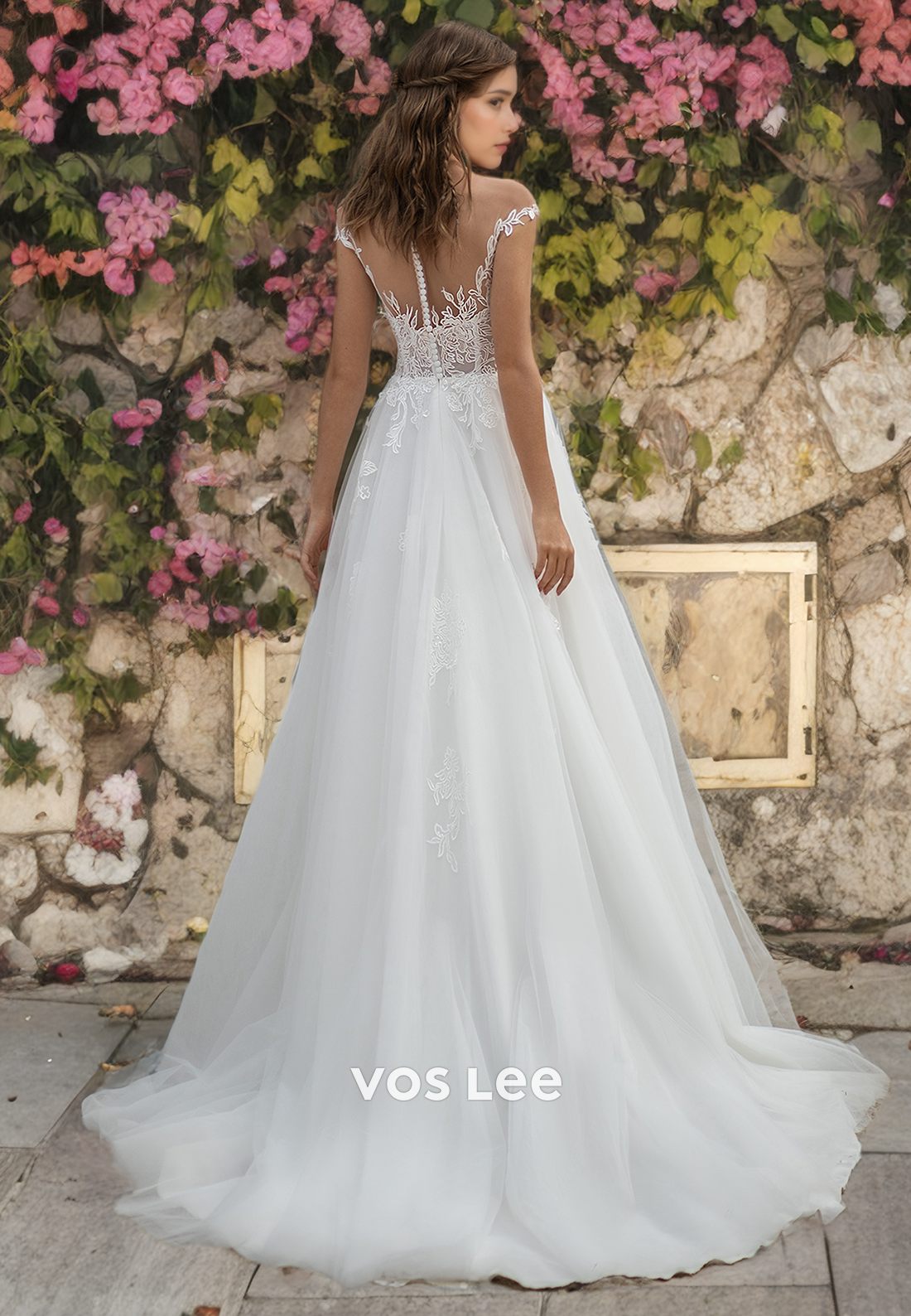 A-Line V-Neck Tulle Beach Wedding Dress with Appliques
