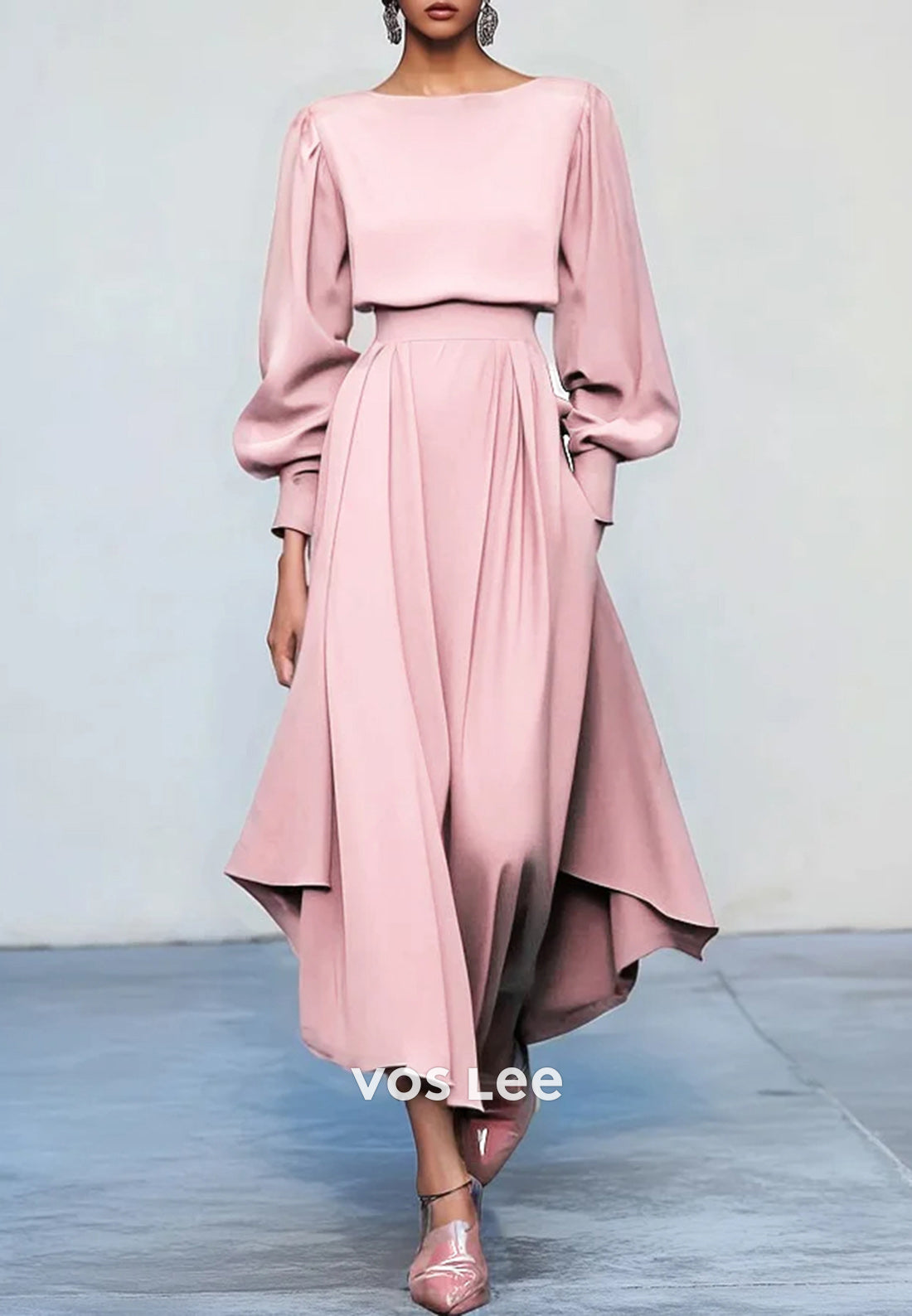 A-Line Long Sleeve Scoop Ankle-Length Pleated Empire Waist Wedding Guest Dresses