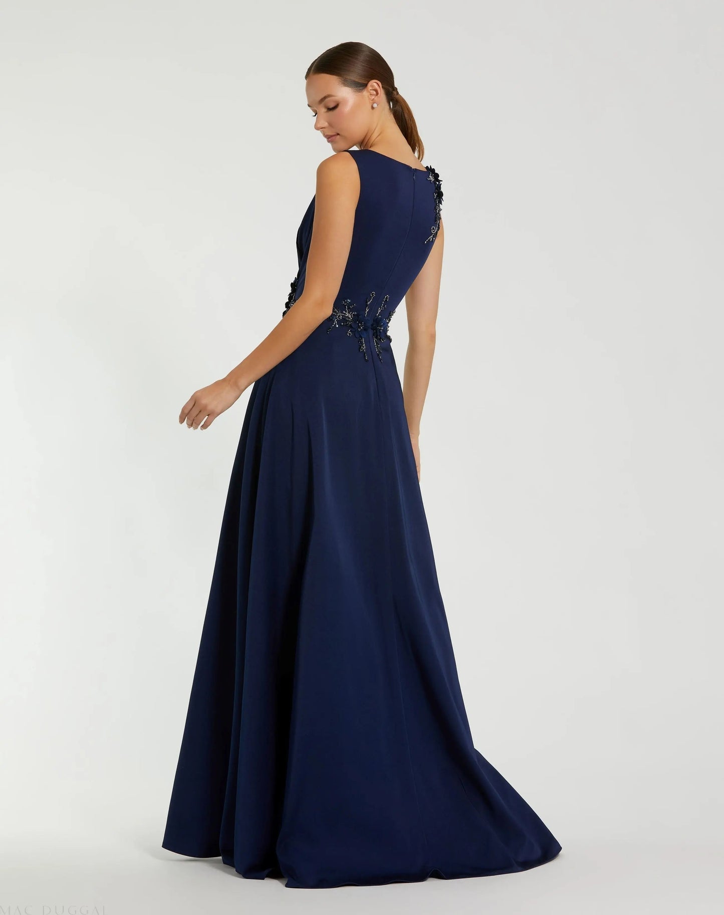 Navy Blue Beaded Sleeveless Formal Maxi Gown