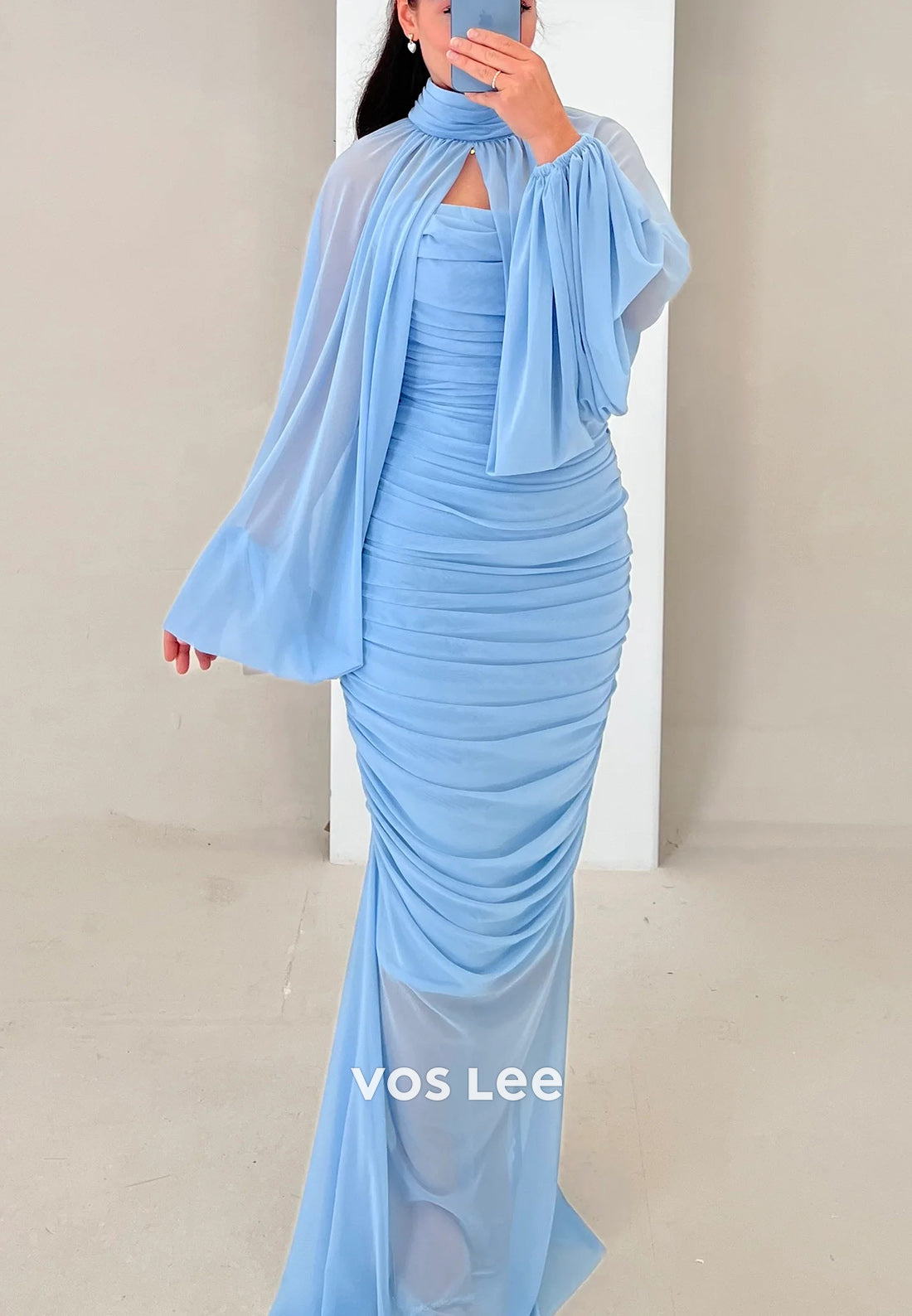 Long Sleeve High Neck Floor-Length Pleated Mermaid Evening Dresses Party Dresses
