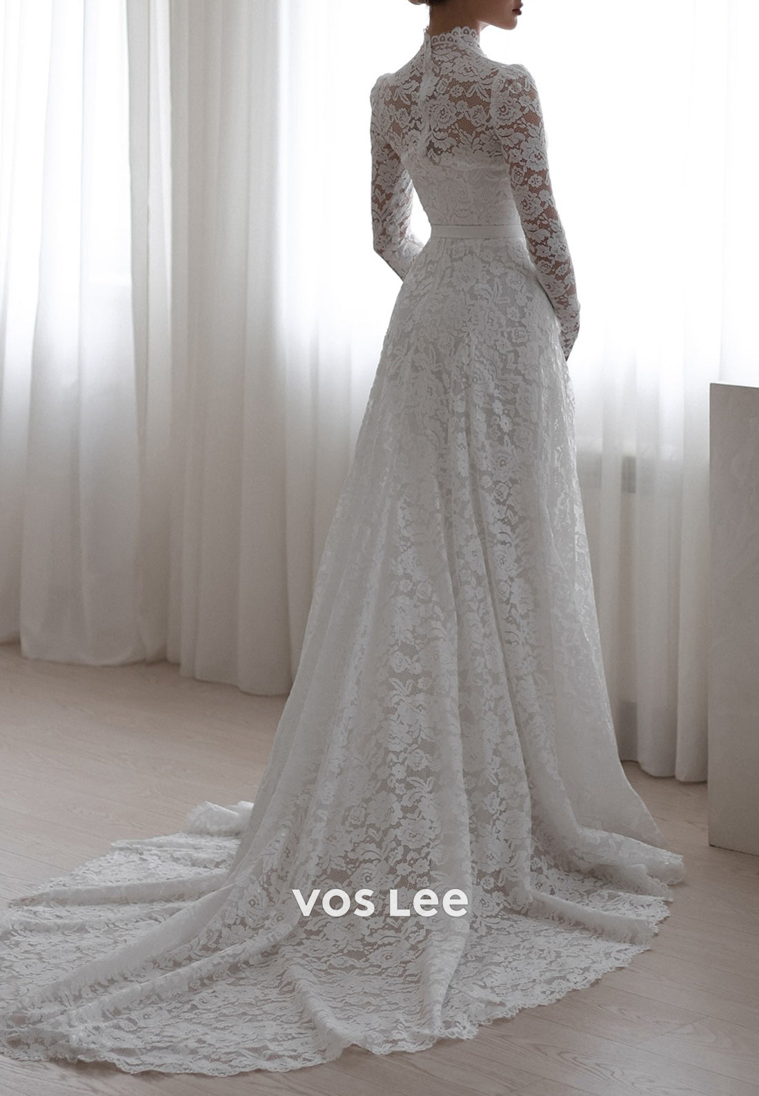 High Neck Long Sleeve Appliques Lace Sheath Wedding Dresses with Sweep Train