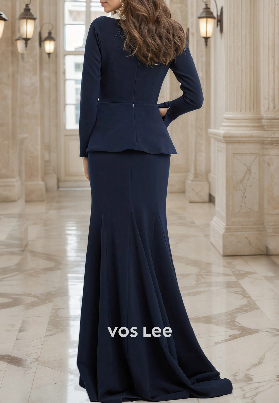 Two Pieces Long Sleeve Rhinestone Floor-Length Mermaid Mother of Bride Dresses