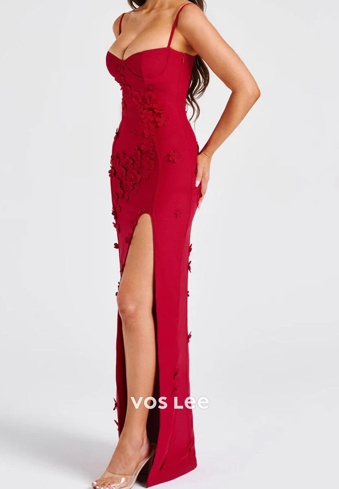 Spaghetti Straps Floral Embellished Floor-Length Mermaid Evening Dresses with Split