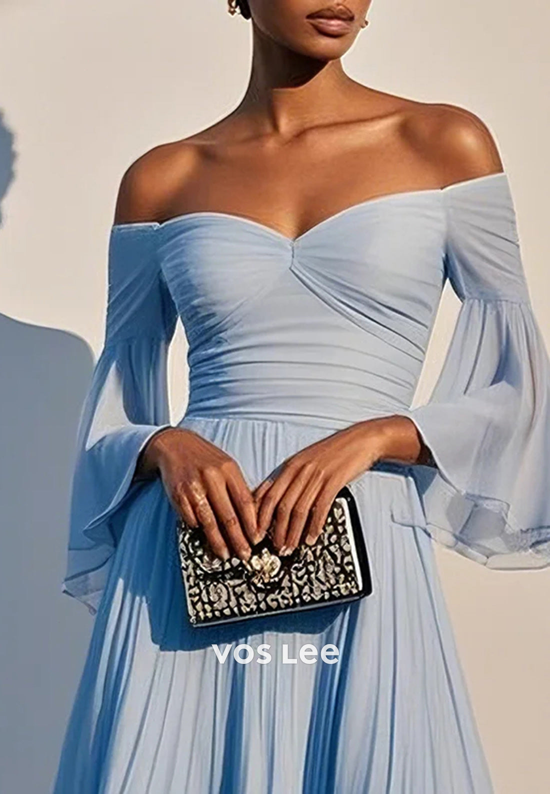 A-Line Sky Blue Bell Sleeves Off the Shoulder Pleated Long Wedding Guest Dresses