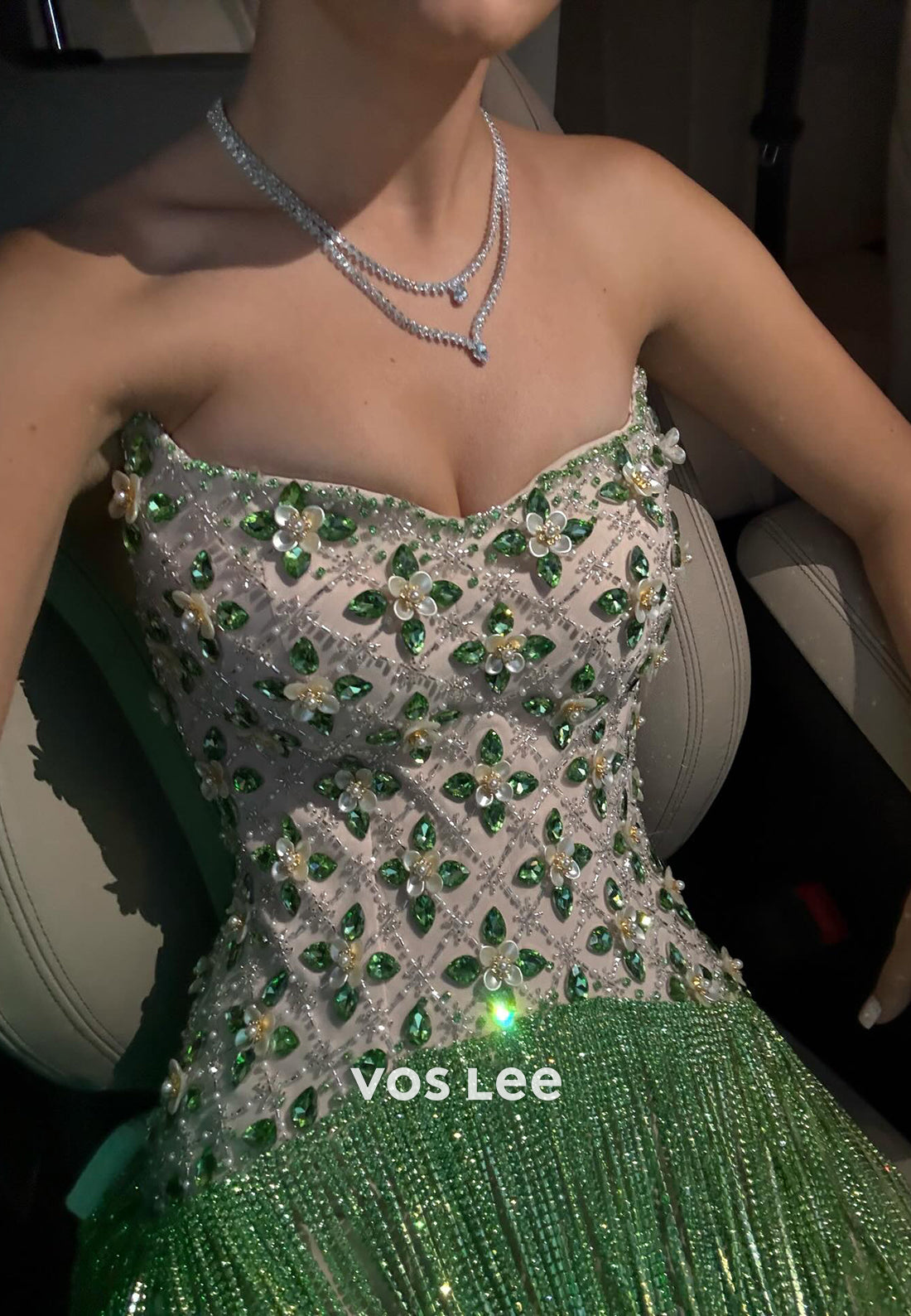 Green Strapless Scoop Beaded Rhinestone Fringe Sheath Prom Dresses
