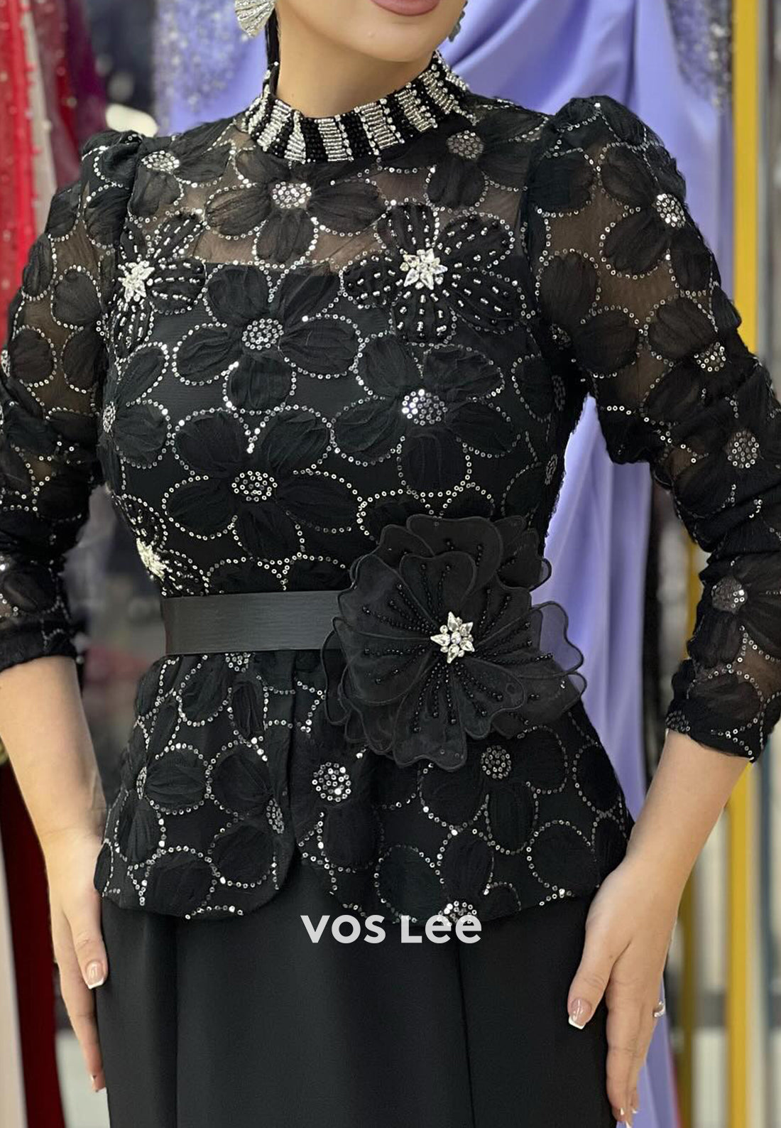 3/4 Sleeve Illusion Neck Flowers Pleated Floor-Length Mermaid Evening Dresses