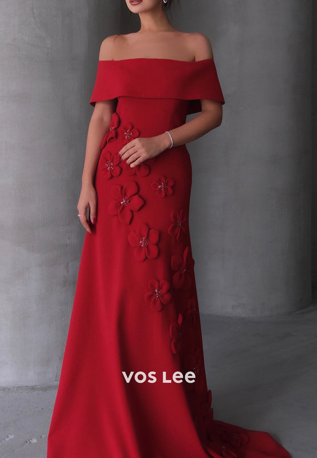 Classic & Simple Off the Shoulder Floral Embellished Sheath Evening Dresses with Sweep Train