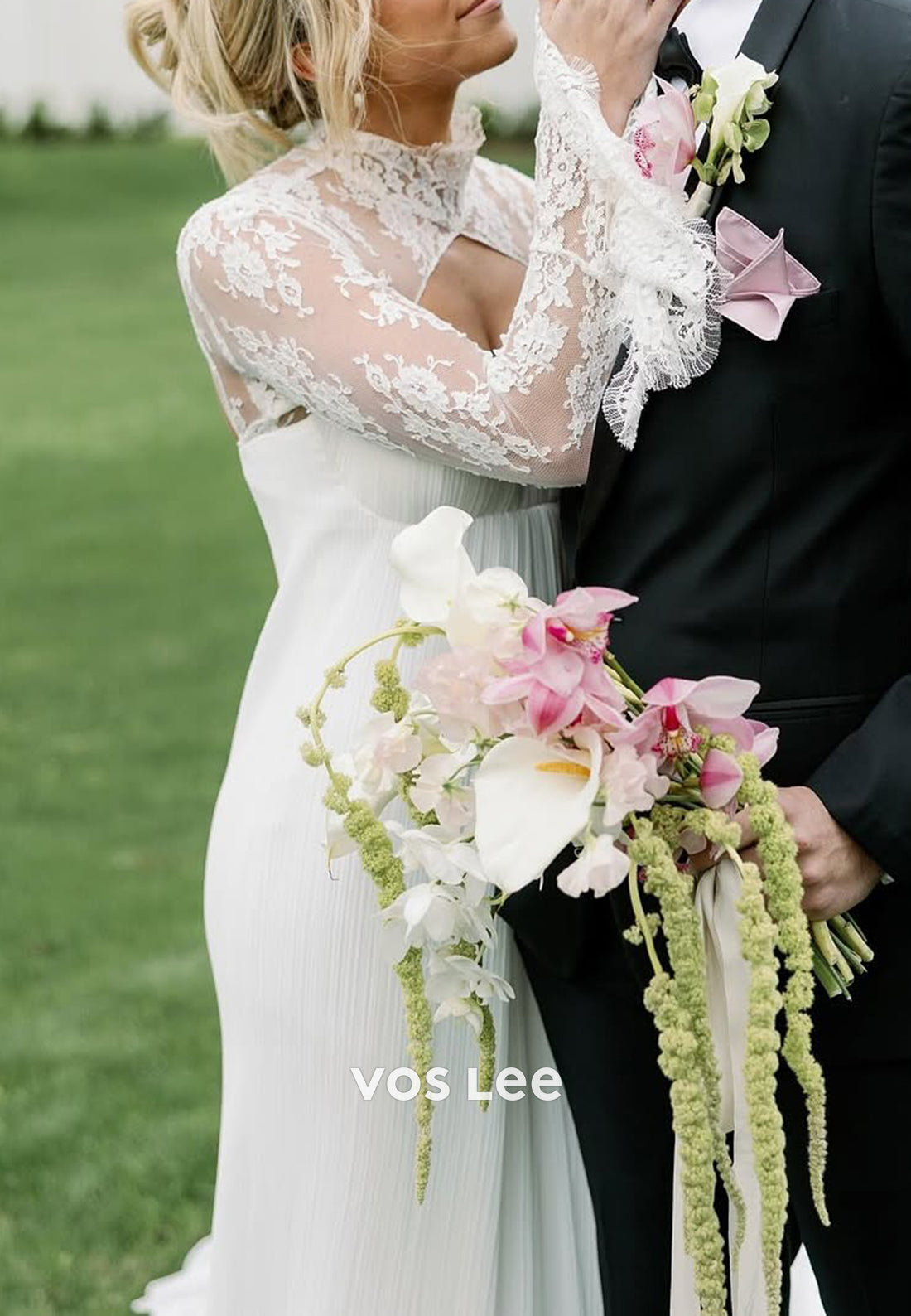 Long Sleeve High Neck Appliques Lace Pleated Sheath Wedding Dresses