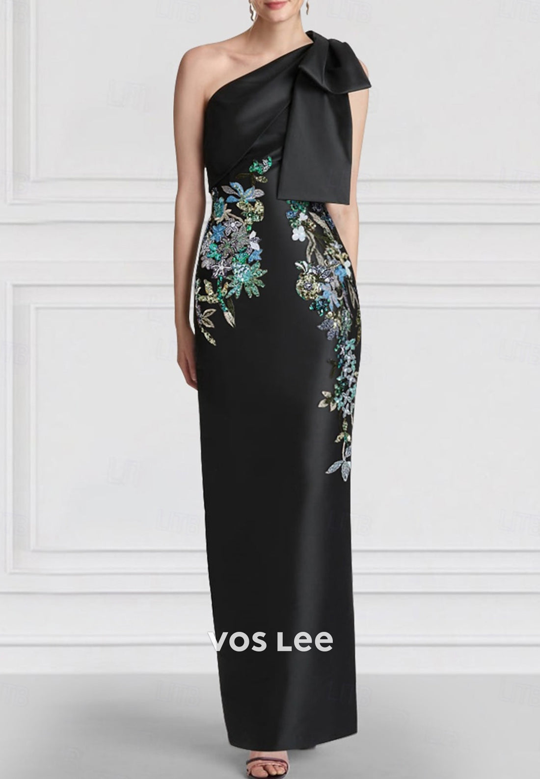 One Shoulder Bowknot Appliques Embellished Ankle-Length Pleated Sheath Evening Dresses
