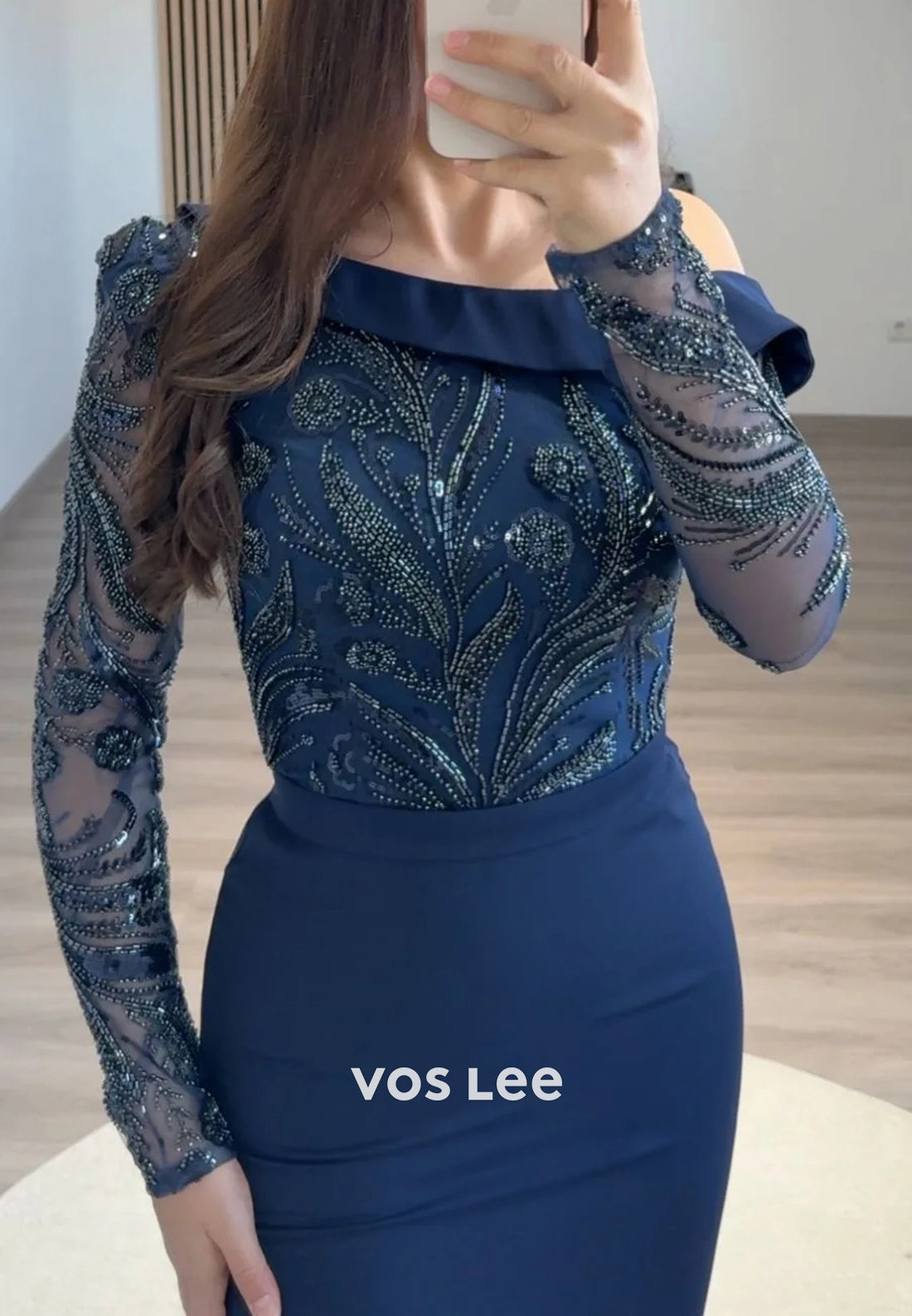 Long Sleeve One Shoulder Beaded Embellished Ankle-Length Mermaid Evening Dresses