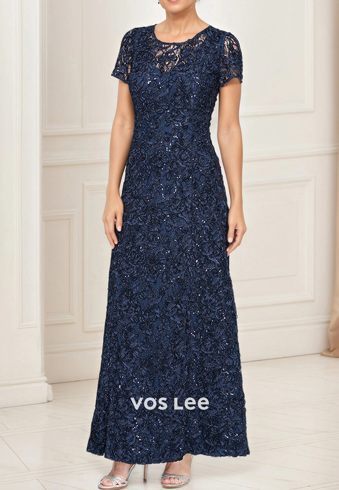 A-Line Short Sleeve Floral Embellished Pleated Ankle-Length Mother of Bride Dresses