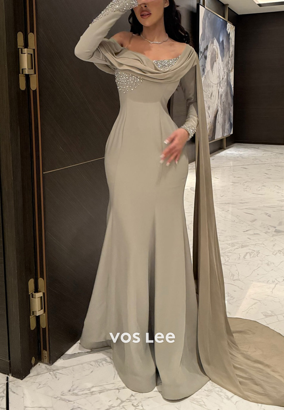 Long Sleeve Off the Shoulder Rhinestone Floor-Length Mermaid Evening Dresses