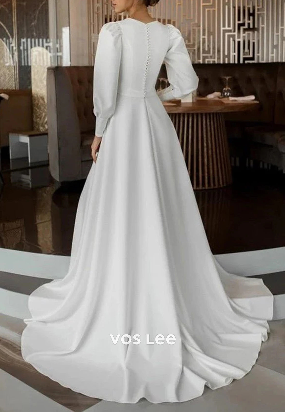 Simple & Classic A-Line Long Sleeve Scoop Pearls Wedding Dresses with Sweep Train