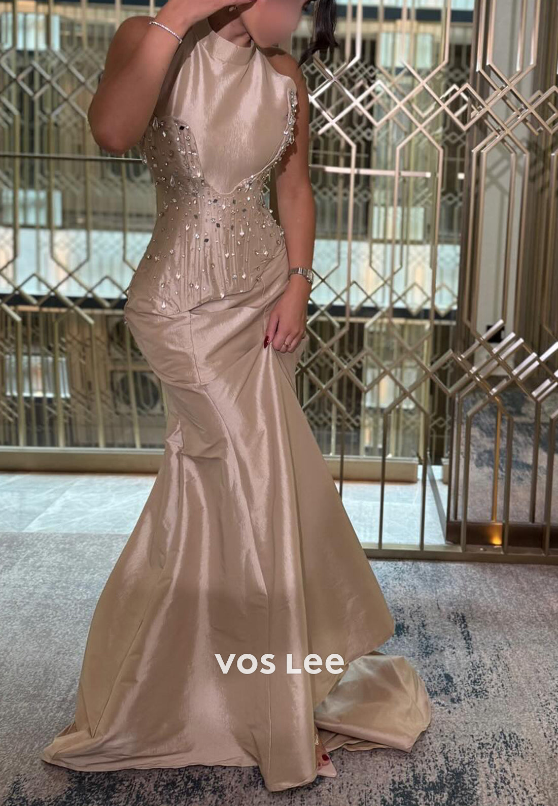 Halter Rhinestone Embellished Mermaid Evening Dresses with Sweep Train