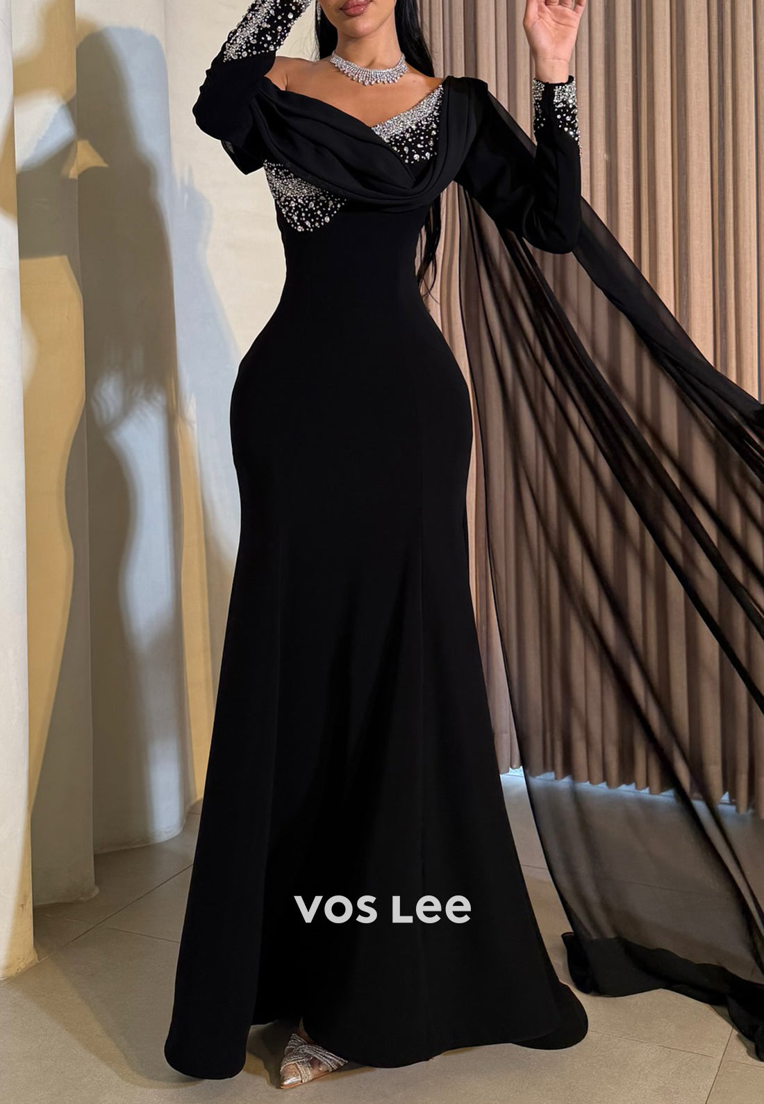 Long Sleeve One Shoulder Rhinestone Pleated Mermaid Evening Dresses with Sweep Train
