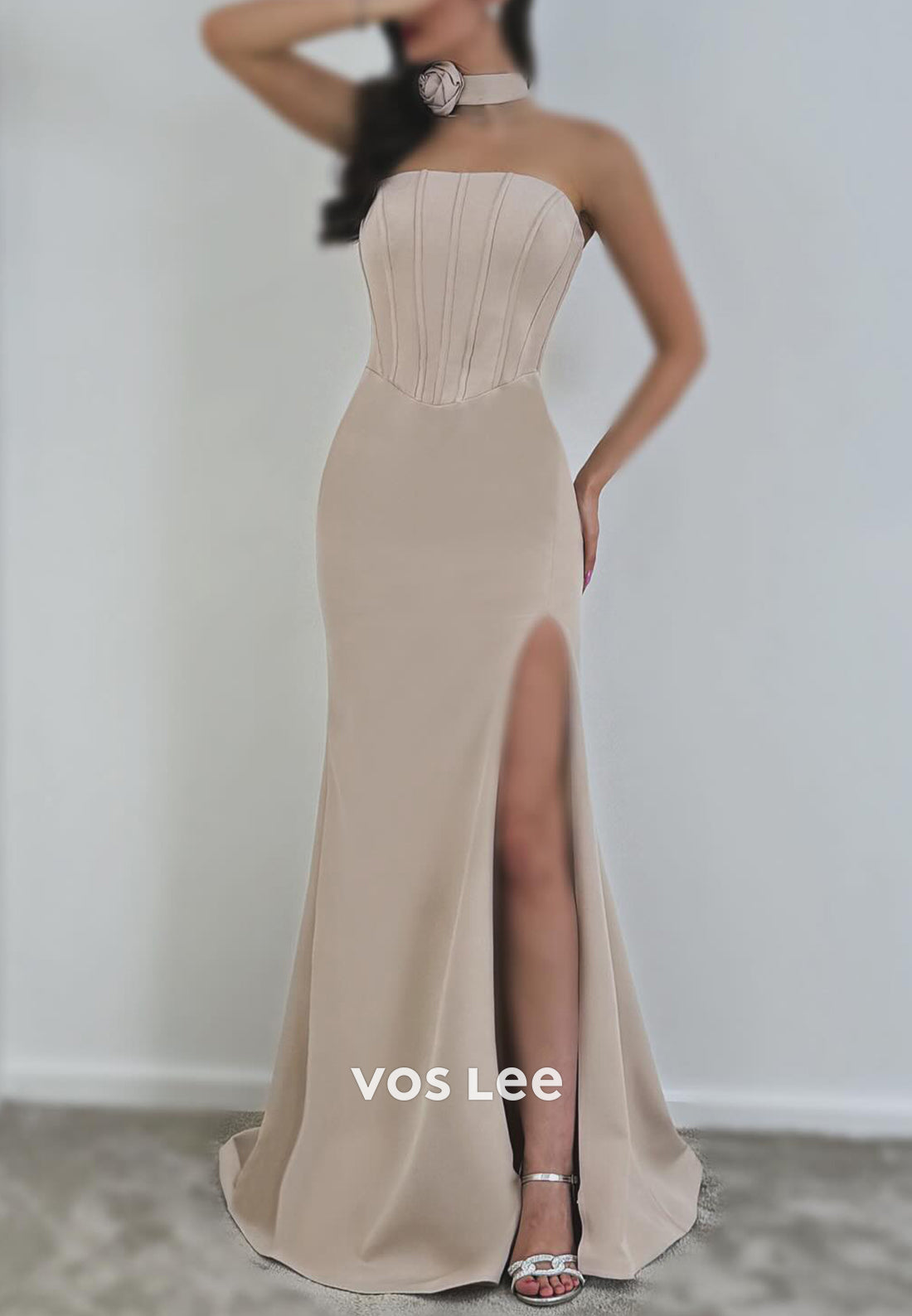 Simple Empire Waist Strapless Pleated Side spilt Mermaid Prom Dresses with Sweep Train