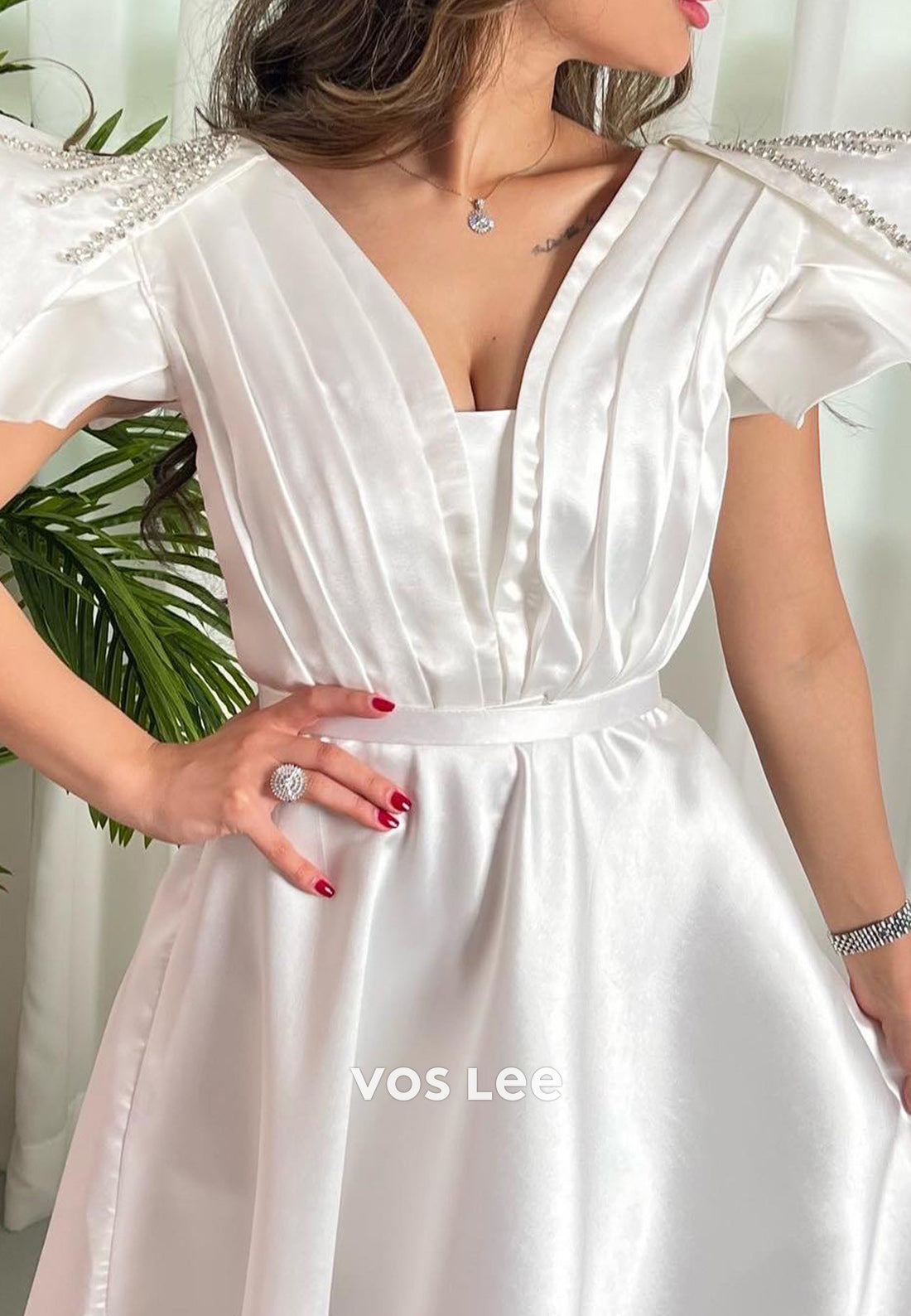 A-Line V Neck Ankle-Length Rhinestone Beaded Evening Dresses Party Dresses