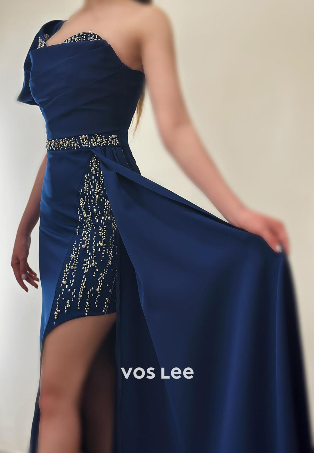 Sparkle & Shine Short Sleeve Rhinestone Pleated Mermaid Evening Dresses with Sweep Train