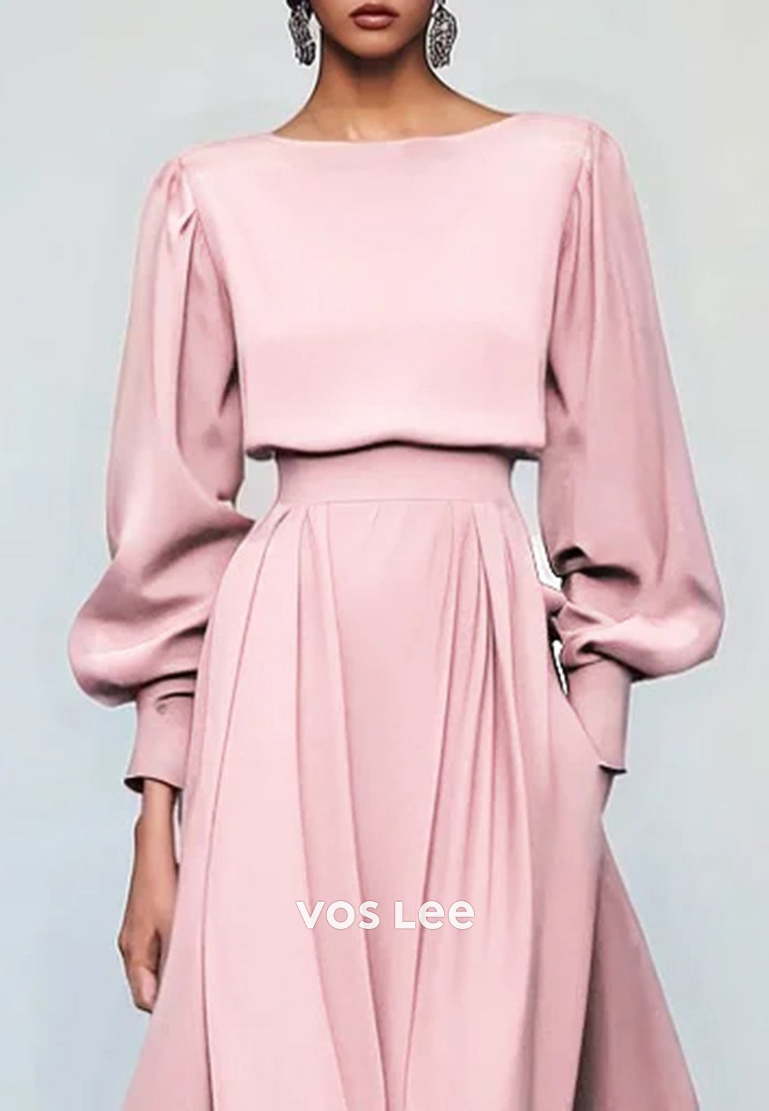A-Line Long Sleeve Scoop Ankle-Length Pleated Empire Waist Wedding Guest Dresses