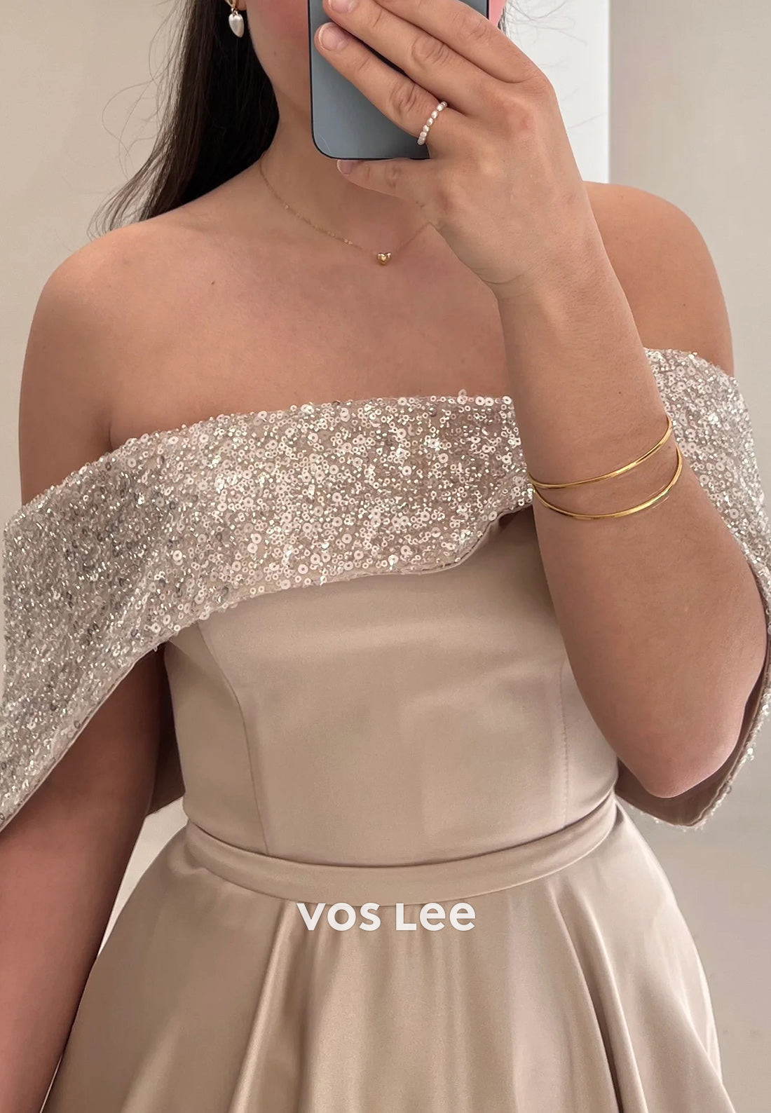 Simple A-Line Off the Shoulder Sequins Pleated Evening Dresses with Court Train