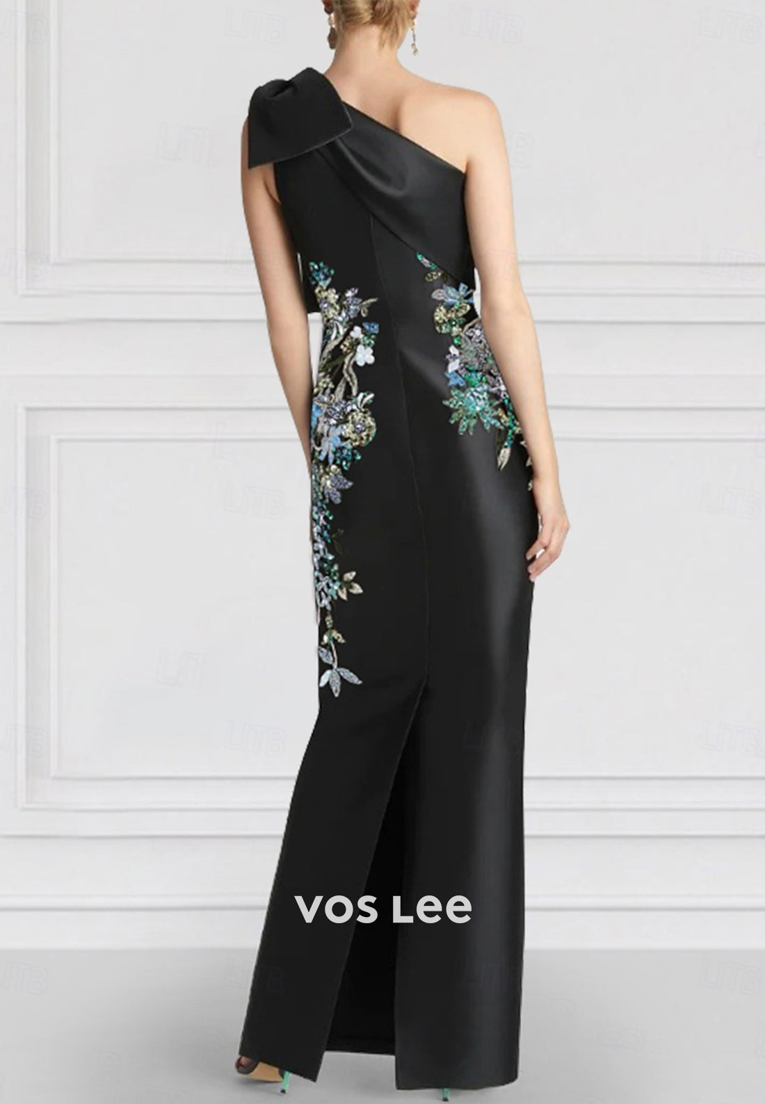 One Shoulder Bowknot Appliques Embellished Ankle-Length Pleated Sheath Evening Dresses