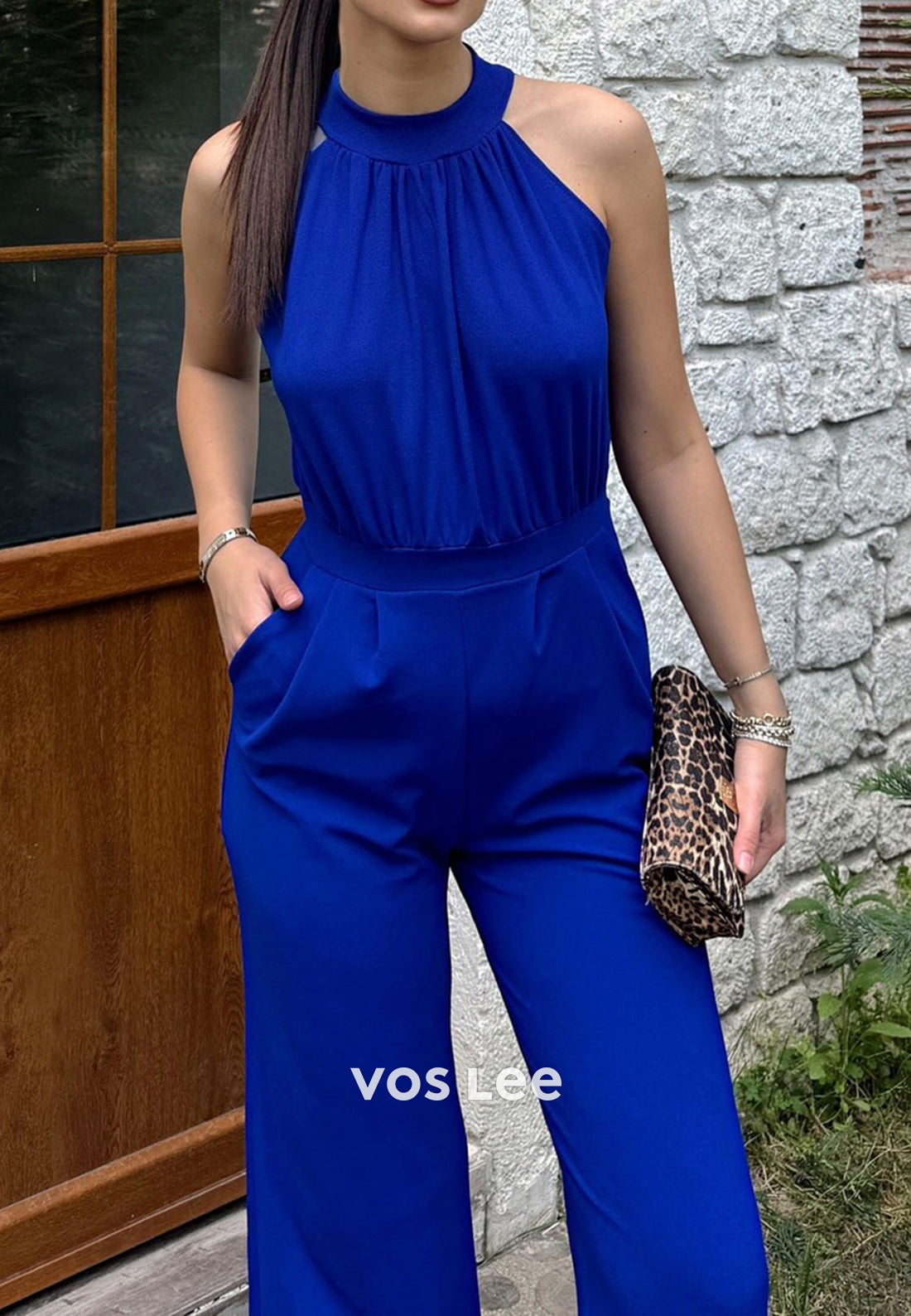 Royal Blue Halter Ruched Jumpsuit with Pockets