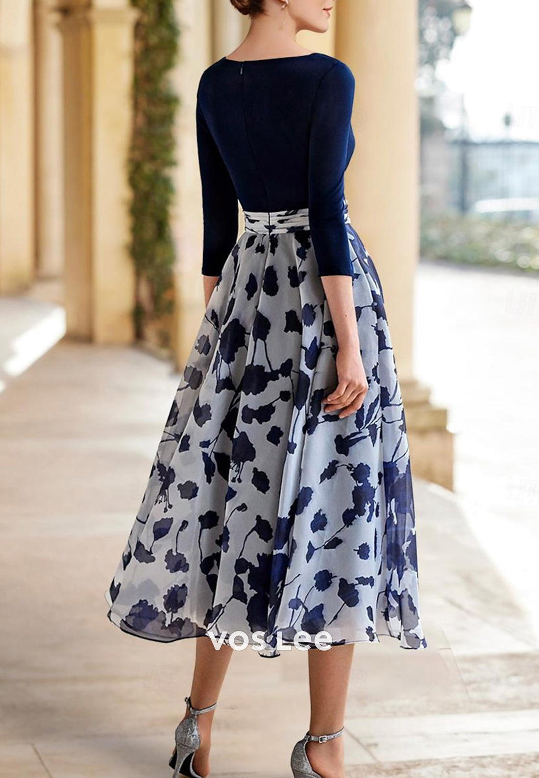 A-Line V Neck 3/4 Sleeve Flowers Embellished Ruched Mother of Bride Dresses