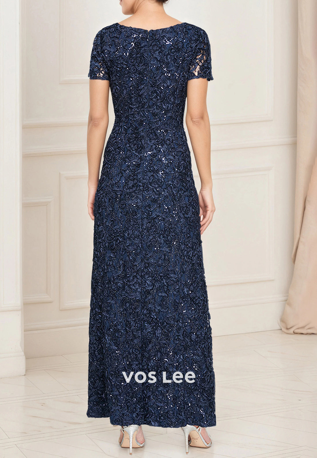 A-Line Short Sleeve Floral Embellished Pleated Ankle-Length Mother of Bride Dresses