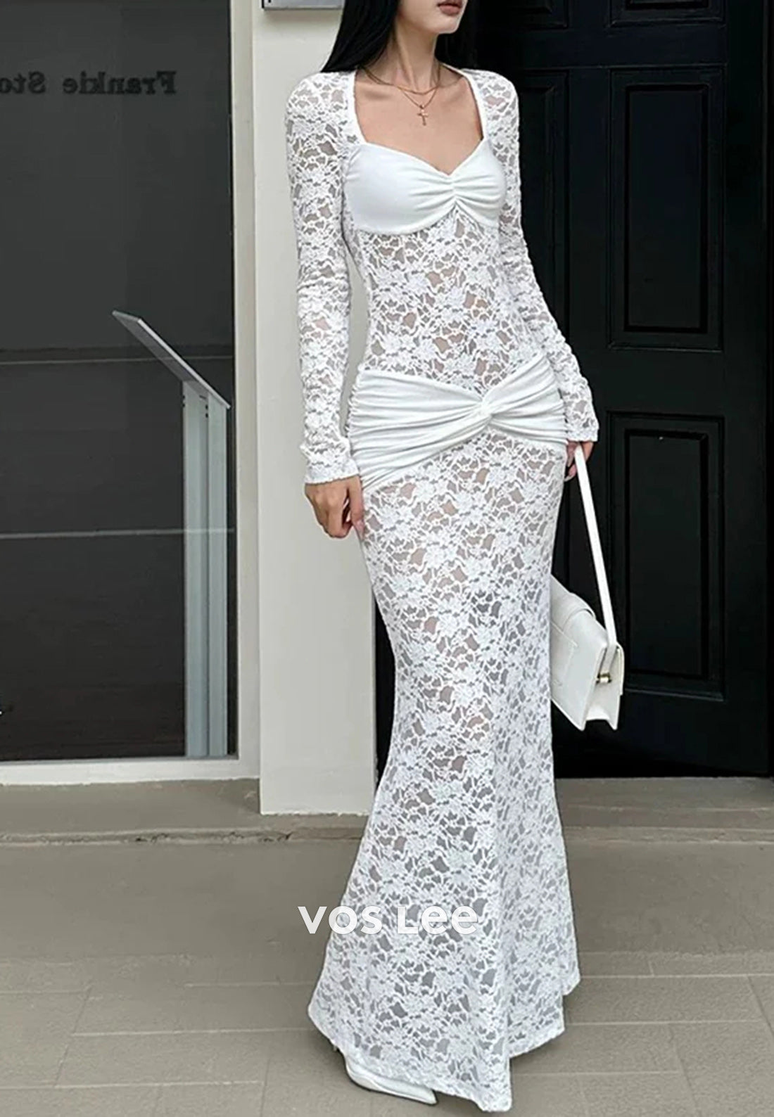 Long Sleeve Sweetheart Appliques Lace Pleated Floor-Length Mermaid Evening Dresses