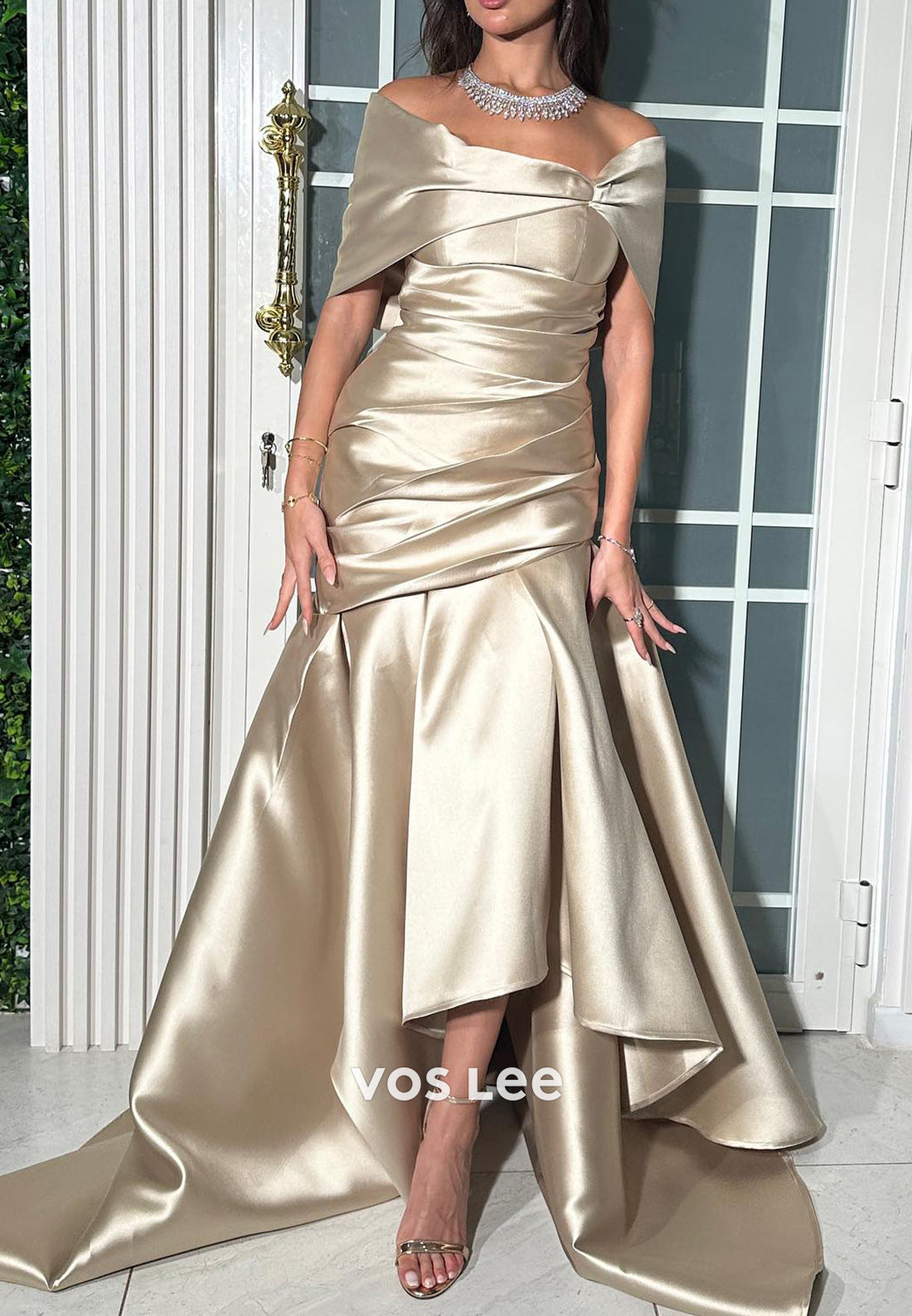 High Low Off the Shoulder Pleated Sheath Evening Dresses with Court Train